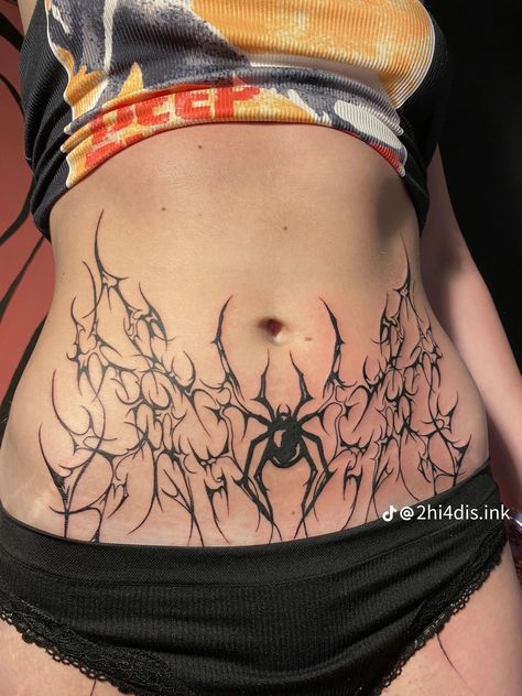 Hawkhatesyou Tattoos, Stomach Rocker Tattoo, Stomach Spider Tattoo, Torso Tattoos For Women, Lower Belly Tattoos, Abdomen Tattoo, Waist Tattoos, Belly Tattoos, Torso Tattoos