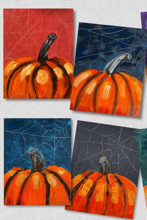 These Fall acrylic paintings were done by kids ages 7-10! They did a great job on these pumpkin paintings with spiderwebs. Follow for more Fall Art Ideas! Fall Art Ideas, Pumpkin Art Project, Halloween Art Lessons, Pumpkin Paintings, Halloween Art Projects, Fall Acrylic, October Art, Middle School Art Projects, 2nd Grade Art