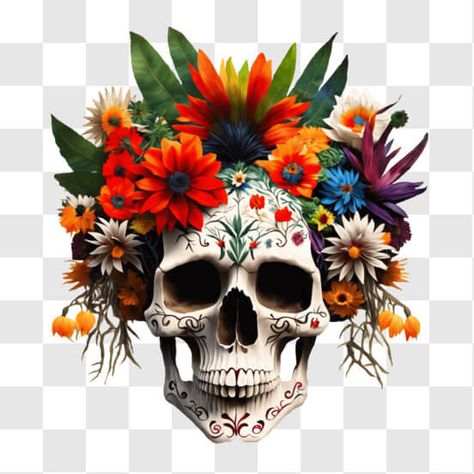 'This image features a beautifully decorated sugar skull for the Mexican holiday of Dia de los Muertos (Day of the Dead). The skull is adorned with a variety of colorful flowers, including roses, carnations, and daisies. Flower Crown Illustration, Carnations And Daisies, Day Of The Dead Flowers, Crown Illustration, Mexican Holiday, Anatomy For Artists, Skeleton Art, Pink Blossom, Day Of The Dead