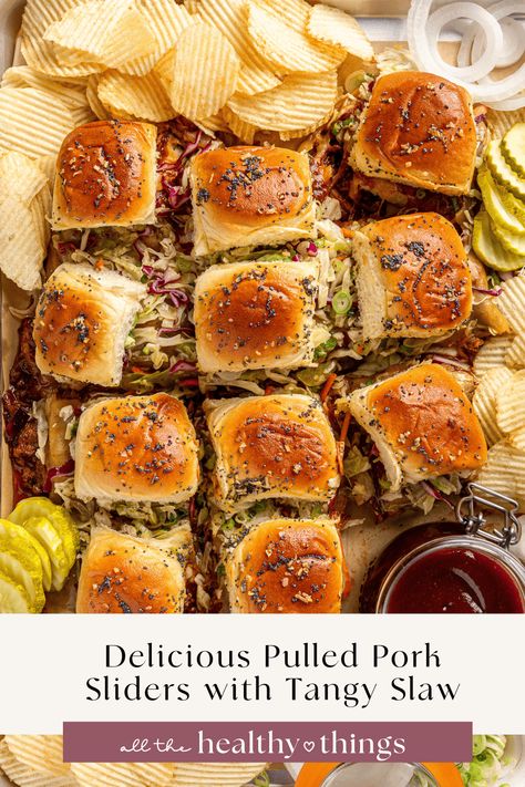 These delicious Pulled Pork Sliders are made with saucy BBQ pulled pork, melty smoked Gouda cheese, and a tangy coleslaw on toasted sweet Hawaiian rolls. These sliders are so easy to make and perfect for everything from game days to a fun weeknight meals! Pork Sliders Recipes, Coleslaw For Pulled Pork, Tangy Coleslaw, Sweet Hawaiian Rolls, Hawaiian Pulled Pork, Bbq Sliders, Slow Cooker Baked Beans, Pulled Pork Sliders, Smoked Gouda Cheese