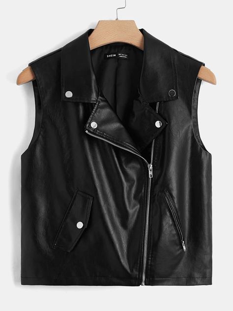 Black Casual Collar Sleeveless PU Leather Plain Biker Embellished Non-Stretch Fall/Winter Women Outerwear Women Outerwear, Women Jackets, Leather Vest, Moto Jacket, Black Casual, Biker Jacket, Outerwear Women, Winter Women, Pu Leather