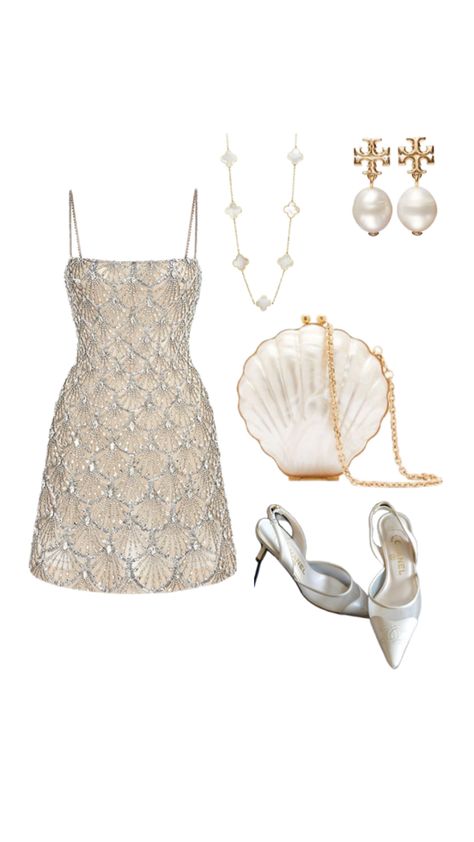 Pearl Inspired Outfits, Pearl Outfit Aesthetic, Pearl Dress Outfit, Seashell Shoes, Expensive Prom Dresses, Seashell Dress, Pearl Outfit, All White Party Outfits, Elegant Summer Outfits