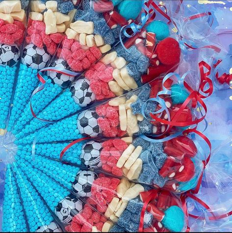 🍬 Our Football Cones - Red / Blue / White Sweet Cones is a collection of Jelly / Fizzy sweet treats. Stock may vary but will always be suitable for this theme. These can be customised to any football team and colour  🥳 Our products contain wheat and other allergens such a milk, soya, eggs, nuts & sulphites    🥳 We cannot guarantee a nut free environment 📌 Stickers are not included and are extra please message to enquire 📌 Sweet Cones Ideas, Environment Stickers, Candy Cottage, Cone Ideas, Sweetie Cones, Candy Salad, Football Theme Birthday, Birthday Sweets, Sweet Cones