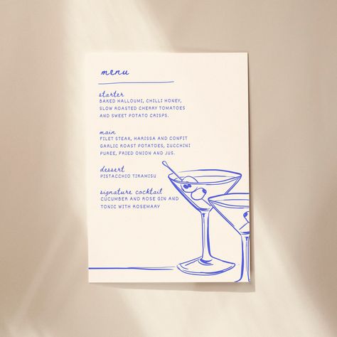 Hand Drawn Blue Illustrated Cocktail Menu Template from Artemis Elopes.  Menu is in A5 ratio, and can be printed larger if necessary.  ------------------------------------------ This listing is an instant digital download, available immediately to edit in your web browser with Canva.  Simple, easy and FREE to use! No software to install. This template is customisable, allowing you to personalise your stationery for the occasion. All you have to do is purchase, customise, and print! WHAT CAN BE E Dinner Menu Design Ideas, Vintage Cafe Menu Design, Cocktail Menu Aesthetic, Menu With Illustrations, A5 Menu Design, Colourful Menu Design, Cocktail List Menu Design, Blue Menu Design, Menu Ideas Design Creative