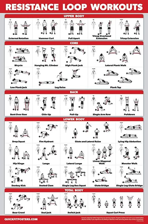 Amazon.com : QuickFit Resistance Loop Bands Workout Poster - Laminated - Exercise Chart for Resistance Band Loops - 18" x 27" : Sports & Outdoors Loop Workout, Resistance Band Loop Exercises, Resistant Band Workouts, Band Training, Bands Workout, Resistance Band Training, Band Workouts, Band Exercises, Gym Workout Chart