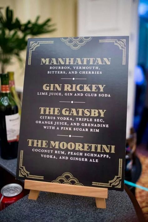 Great Gatsby inspired drink menu. Menu by: Touies Design Roaring 20s Birthday Party, Roaring 20s Birthday, Gatsby Birthday Party, Gatsby Gala, Gatsby Party Decorations, Party Like Gatsby, Speakeasy Party, Great Gatsby Themed Party, Great Gatsby Theme