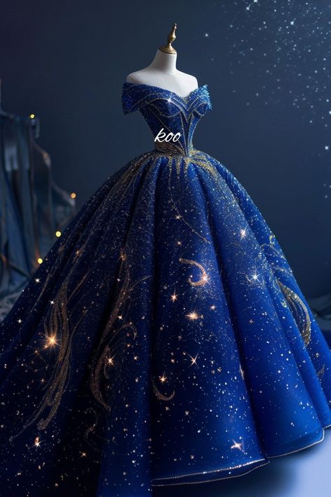 Starry Ball Gown, Blue Dress Design, Galaxy Quinceanera Dresses, Enchanted Ball Gown, Galaxy Sweet 16 Dress, Blue Ball Gown, Star Magic Ball Gowns, Navy Blue Fantasy Gown, Royal Dresses Queens Fantasy Blue