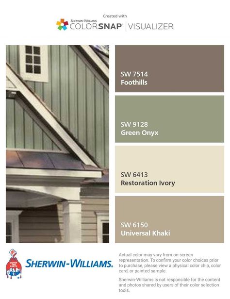 Green exterior color scheme Exterior Green Paint, Paint Vinyl Siding, Green House Exterior, Paint Vinyl, Paint Pallet, House Paint Color Combination, Color Combinations Paint, Brown Roof, Exterior House Paint Color Combinations