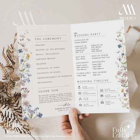 Wildflower Wedding Program Template, Modern Order of Service, Catholic Ceremony, Ceremony Program Editable Template // MATCHING ITEMS https://www.etsy.com/shop/AmyDesignInspiration?ref=shop-header-name&listing_id=1698494415&from_page=listing&search_query=d002 // DEMO THIS ITEM NOW Copy and paste the URL below to demo:  https://www.corjl.com/d/BAFL1 // WHAT IS INCLUDED - 5.5x8.5" (Folded Program Card) (8.5x11" Flat)  - 4x9" (Card Double-Sided)  - 56 Wedding Timeline Icons   - DIGITAL DOWNLOAD: Pl Wedding Ceremony Booklet Ideas, Wedding Program Examples Layout, Ceremony Cards Program, Floral Wedding Program, Wedding Order Of Service Ideas, Wedding Service Program, Wedding Programs Ideas, Wedding Pamphlet, Order Of Ceremony Wedding