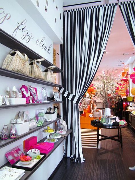 Kate Spade Store, Boutique Inspiration, Work Studio, Maximalist Style, Boutique Display, Store Layout, Boutique Decor, Striped Curtains, Store Interiors