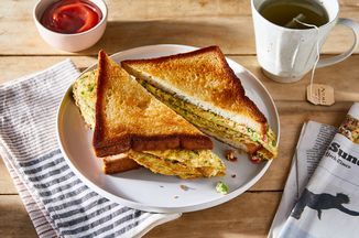 Indian Railway Omelet Sandwich Recipe on Food52, a recipe on Food52 Omelette Sandwich, Breaking Fast, Egg Omelette, New York Bagel, Lentils And Rice, Vegetarian Indian, Bread Toast, Food Projects, Egg Dish