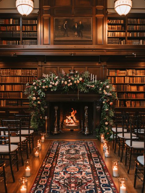 Vintage Library Wedding Ceremony Edwardian Wedding Decor, Fireplace Wedding Backdrop, Library Wedding Aesthetic, Wedding Ceremony Fireplace, Library Wedding Ceremony, Fireplace Wedding Ceremony, Historic Home Wedding, Bookstore Wedding, Historic Library