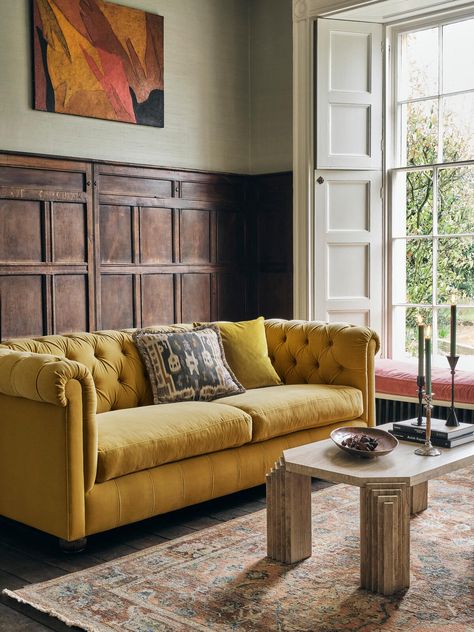 Aderyn Chesterfield Three Seater Sofa, Velvet, Honey - Soho Home Chesterfield Sofa Living Room, Sofa Velvet, Green Couch, Green Velvet Sofa, Soho Home, Green Sofa, Linen Sofa, Three Seater Sofa, Soho House