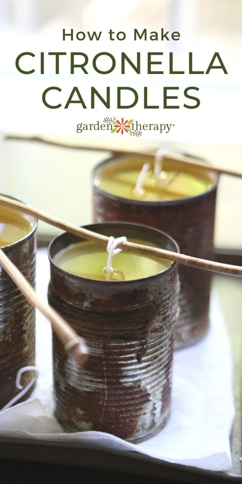 How to Make DIY Citronella Candles Making Citronella Candles, Recycle Candle Wax, Diy Citronella Candles, Homemade Candle Recipes, Diy Citronella, Recycle Candles, Natural Mosquito Repellent, Diy Candles Homemade, Diy Candles Scented