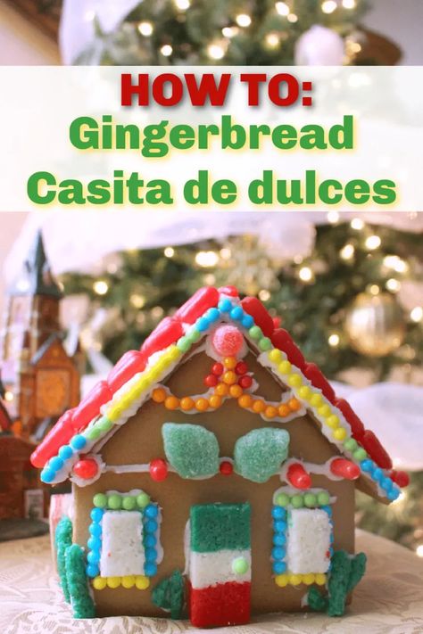 A gingerbread house with a Latin twist! How to make your own casita de dulces using a gingerbread kit and Mexican candies! Candy Gingerbread House, Mexican Candies, Pinata Cupcakes, Gingerbread House Kits, Candy Wreath, Mexican Candy, Traditional Ornaments, Heritage Crafts, Small Christmas Trees