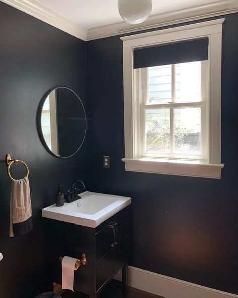 Black Paint Small Bathroom, Black Bathroom Small Spaces, Black Painted Bathroom Wall, Small Bathroom With Black Walls, Small Bathroom Painted Black, Black Bathroom Paint Colors, Black Bathroom Wall Ideas, Black Paint In Bathroom, Small Bathroom With Black Vanity