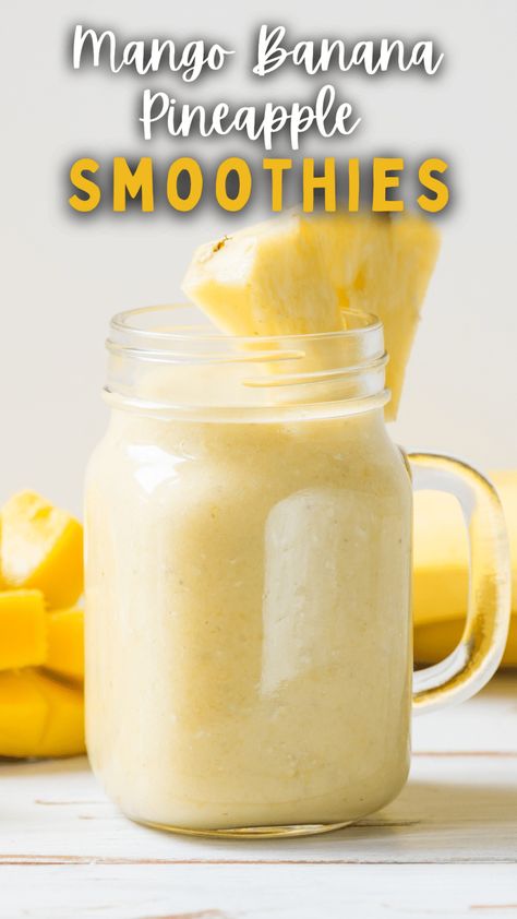 Mango Banana Pineapple Smoothie - Appetizers & Entrees Banana Pineapple Smoothie, Smoothie With Water, Pineapple Banana Smoothie, Tropical Smoothie Recipes, Pineapple Smoothie Recipes, Mango Banana Smoothie, Mango Pineapple Smoothie, Vanilla Smoothie, Mango Pineapple