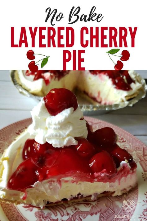 How to make a layered cherry cheese cake pie? This fluffy no bake dessert is a delicious layered pie with cherry pie filling. #dessert #nobake #easyrecipes #creamcheese Comfort Bake, Berries Cheesecake, Peach Upside Down Cake, Caramel Apple Dump Cake, No Bake Cherry Cheesecake, Pie Fillings, Cherry Pie Recipe, Cream Cheese Pie, Apple Dump Cakes