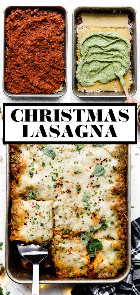 Christmas Eve Lasagna, Christmas Dinner Menu Ideas, Christmas Lasagna, Italian Christmas Dinner, Pesto Ricotta, Homemade Bolognese, Lasagna Bolognese, Dinner Menu Ideas, Christmas Dinner Menu