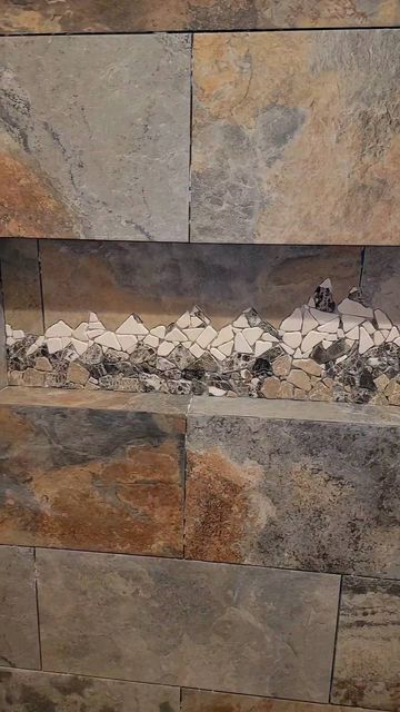 Nathan Merrill on Instagram: "#mosaic #mountains #tiles #schluter #tile" Mountain Shower Tile, Mountain Backsplash, Shower Mosaic Tile Ideas, Bathroom Mosaic Tile Ideas, Mosaic Mountains, Cabin Bathroom Remodel, Mountain Mosaic, Dog Tile, Instagram Mosaic