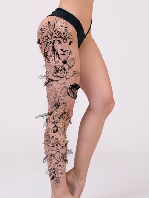 Full Side Leg Tattoos Women, Ladies Leg Tattoos For Women, Big Tattoos For Women Leg, Full Thigh Tattoo Women, Floral Leg Tattoos For Women, Women’s Leg Sleeve, Leg Sleeves For Females Tattoo, Female Leg Sleeve Tattoo, Tattoo Bein Frau