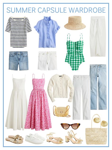 Preppy Capsule Wardrobe Summer, Seaside Outfit Summer, Summer Wardrobe 2023, Coastal Capsule Wardrobe, Cruise Capsule Wardrobe, Summer Wardrobe Capsule, Preppy Capsule Wardrobe, Seaside Fashion, 50s Outfit