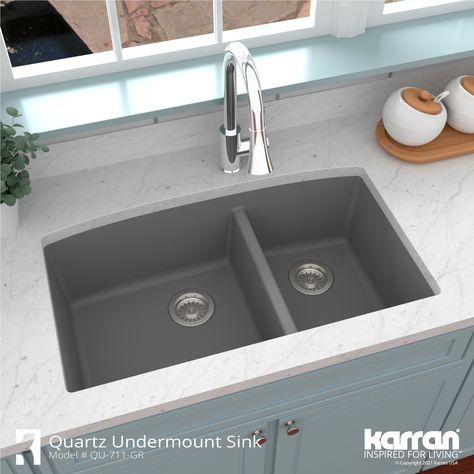 Karran Undermount 32-in x 19.5-in Grey Quartz Double Offset Bowl Kitchen Sink Lowes.com Quartz Sink, Composite Kitchen Sinks, Grey Quartz, Solid Surface Countertops, Sink Grid, Double Bowl Kitchen Sink, Quartz Kitchen, Bowl Kitchen Sink, Double Basin