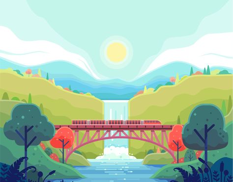 trains crossing a river over the railroad bridge by ozant Bridge Drawing, Railroad Bridge, Flat Design Illustration, Bridge Design, Up Book, Pop Up Book, Animated Images, Vector Illustration Design, Cute Art Styles