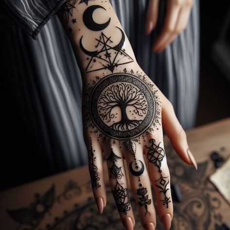 Magical Hands Tattoo, Witchy Full Sleeve Tattoos For Women, Witchy Hand Tattoos, Wicca Tattoo, Herren Hand Tattoos, Gotik Tattoo, Pagan Tattoo, Wiccan Tattoos, Occult Tattoo