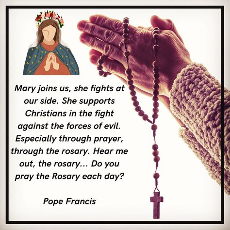 Mary joins us, she fights at our side. She supports Christians in the fight against the forces of evil. Especially through prayer, through the rosary. Hear me out, the rosary... Do you pray the Rosary each day? Pope Francis #popefrancis #popefrancisquotes #rosary #praytherosary #holyrosary #dailyrosary #blessedvirginmary #virginmary #motherofgod #catholic #catholicchristian #catholicism #catholicfaith #catholicwoman #catholicinspiration #catholiclife #catholicconnection #catholicconvert #c... Holy Rosary Prayer, Praying The Rosary Catholic, Pope Francis Quotes, Pray The Rosary, Catholic Women, Rosary Prayer, Praying The Rosary, The Forces Of Evil, Holy Rosary