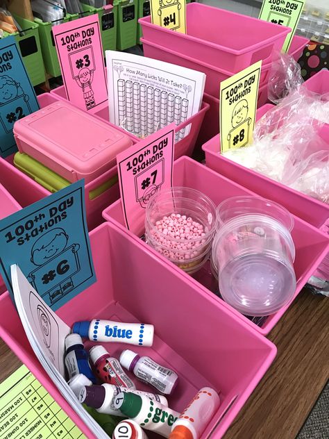 Get freebies, ideas and station activities for celebrating the 100th Day of School in Kindergarten. School Station, Kindergarten Stations, Freebies Ideas, 100 Días De Clases, 100th Day Of School Crafts, 100s Day, Kindergarten February, Mantle Decorating, Differentiated Kindergarten