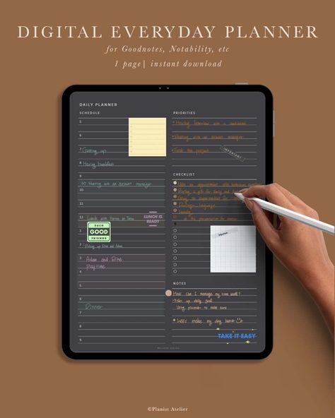 Daily Planner for GoodNotes, Notability or other apps where you can annotate PDFs, Instant Download, US Letter digitalstickers #hourlydailyplanner #plannerinserts. Online Stationary, Goodnote Planner, Digital Notepad, Day Planner Template, Cute Daily Planner, Planner Apps, Planner For Goodnotes, Ipad Goodnotes, Everyday Planner