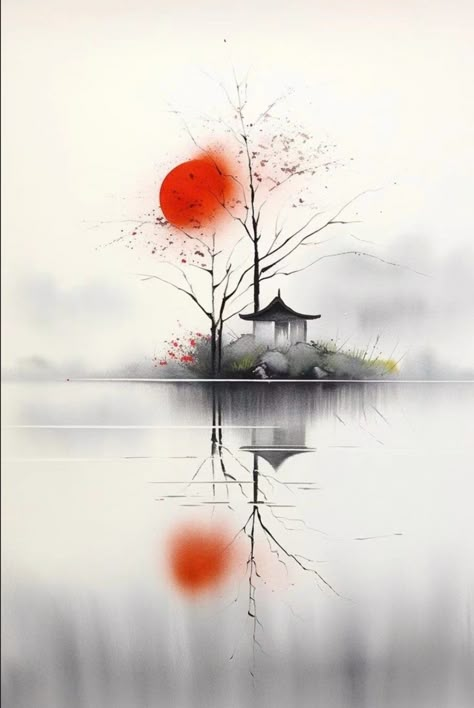 Japanese Watercolor Landscape, Japanese Painting Wallpaper, Japanese Watercolor Paintings, Japanese House Drawing, Japanese Watercolor Art, Minimalist Watercolor Painting, Chinese Watercolor Painting, Japan Watercolor, Japanese Ink Painting