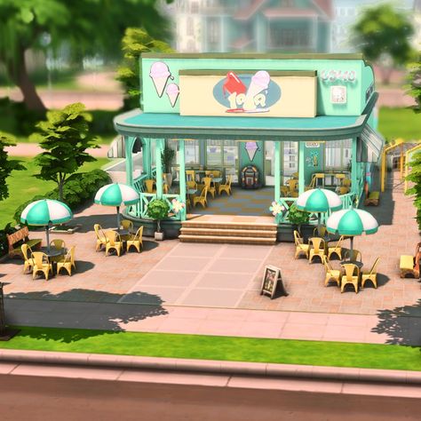 aesthetic pixelz : aesthetic sims 4 restaurants for every world 🍷 Ice Cream Shop Floor Plan, Sims 4 Shop Build, Sims 4 Ice Cream Shop, Lots Aesthetic, The Sims 4 Restaurant Ideas, Sims 4 Restaurant No Cc, Sims 4 Cafe Cc, Sims 4 Community Lots Ideas, Sims 4 Community Lots