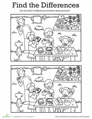 Worksheets: Find the Differences: At a Picnic Spot The Difference Printable, Visual Discrimination Worksheets, Find The Difference Pictures, Hidden Pictures, Picture Puzzles, Fun Worksheets, Activity Sheets, Worksheets For Kids, English Lessons