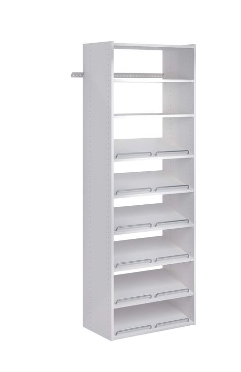 PRICES MAY VARY. Includes six 14-inch-deep slanted shoe shelves and three 14-inch-deep straight shelves: 2 shelves are adjustable Wall-mounted system hangs on a steel track, keeping everything up and off the floor Easy, do-it-yourself installation, with hardware included Durable, thermally fused laminate surface Item ships in two individual boxes 84 inches High x 25. 125 inches Wide x 14 inches Deep How To Make Shoe Storage, Easy Track Closet, Closet Storage Solutions, Wood Closet Organizers, Shoe Tower, Wood Closet Systems, Wood Closet, Closet Kits, Closet Systems