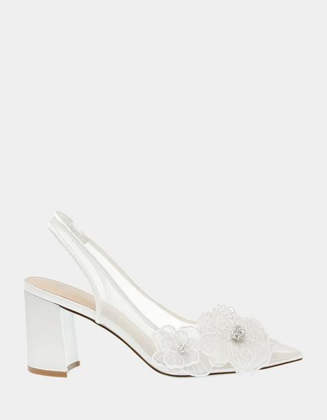 44 Fab Floral Wedding Shoes to Shop | OneFabDay.com Rehearsal Dinner Shoes Bride, Betsey Johnson Bridal Shoes, Betsey Johnson Heels, Shoes For Outdoor Wedding, Wedding Shoes Bride Comfortable, White Slingback Heels, Bridal Shoes Block Heel, Betsey Johnson Wedding Shoes, Bride Glam