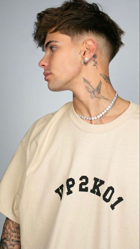 Make Em Pay Tattoo, Edgy Haircuts Men, Chinese Tattoo Men, Neck Haircut, Blitz Tattoo, Victor Perez, Side Neck Tattoo, Ear Tattoo Ideas, Men Haircut Curly Hair