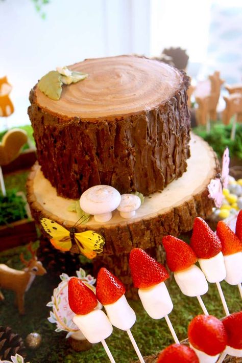 Fairy Party Food, Fairy Birthday Party Ideas, Mushroom Cupcakes, Woodland Fairy Birthday Party, Tree Stump Cake, Woodland Fairy Birthday, Fairy Rose, Woodland Fairy Party, Chocolate Tree