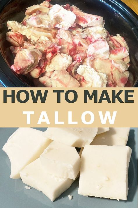 Beef suet in crockpot above rendered tallow with text How To Make Tallow Make Tallow, Tallow Recipe, Homemade Body Care, How To Render, Beef Tallow, Homemade Beef, Reduce Food Waste, Grass Fed Beef, Soap Recipes