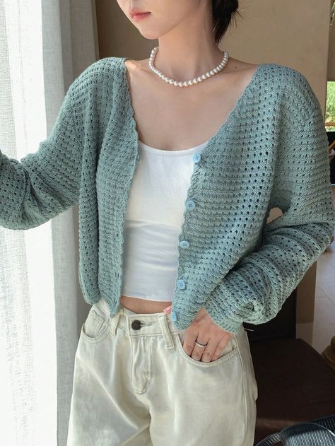 Women Spring Autumn Casual Solid Color Hollow Out Knit Cropped Cardigan Blue Casual  Long Sleeve Knitted Fabric Plain  Medium Stretch  Women Clothing, size features are:Bust: ,Length: ,Sleeve Length: Lightweight Cardigan, Cropped Cardigan, Knitwear Women, Casual Fall, Long Sleeve Knit, Women Clothing, Knitted Fabric, Length Sleeve, Knitwear