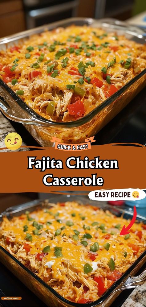 Spice up your dinner routine with this Fajita Chicken Casserole, a delightful blend of seasoned chicken, peppers, onions, and cheese. It's a flavorful, one-dish meal that captures the essence of fajitas without the fuss. #FajitaCasserole #MexicanDinner #EasyMeal Chicken Fajita Casserole Recipes, Chicken Fajita Meat Recipes Dinners, Chicken Fajitas Casserole Recipe, Chicken And Rice Fajita Casserole, Fajitas Chicken Casserole, Fajita Chicken Casserole With Rice, Chicken Rice Fajita Casserole, Fajita Baked Chicken, Creamy Chicken Fajita Casserole