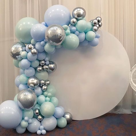 These pastel mint and blue doing their pretty thing !!! 💙 . . @weballoonz @confettieventrentals.ca . . . . . . .  #balloons… Balloon Arch Diy, Baby Shower Balloon Arch, Anniversaire Diy, Boy Baby Shower Ideas, Pastel Balloons, Silver Balloon, Metallic Balloons, Balloon Ribbon, Garland Arch