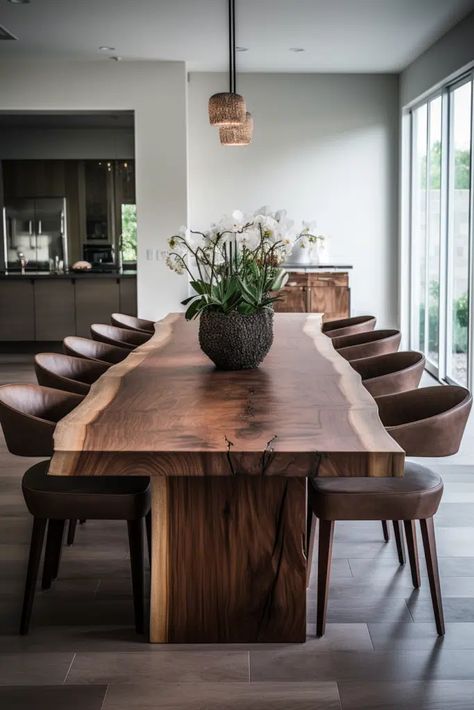 Natural Wooden Dining Table, Dining Table Wood Rustic, Modern House Interior Dining Rooms, Live Edge Dining Table Decor, Rustic Dining Room Design, Modern Cottage Dining Room Ideas, Warm Dining Room Ideas, Modern House Interior Decorating Ideas, Mountain Home Dining Room