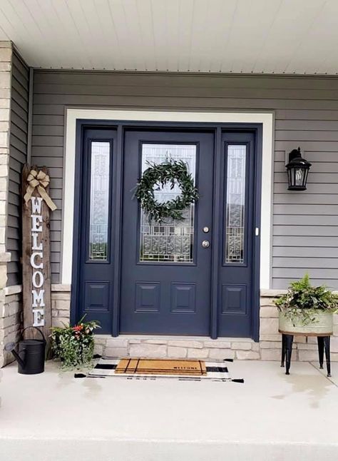 Navy Blue Shutters Tan House, Sw Cyberspace, Harvey House, Front Door Paint, Exterior Door Colors, Tan House, Blue Front Door, Front Door Makeover, Door Paint