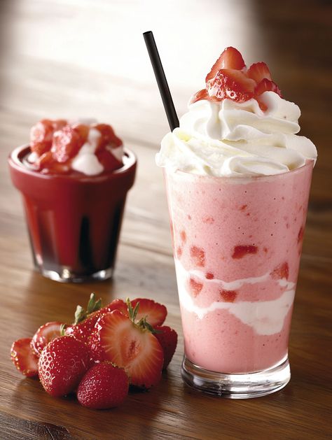 Strawberry & Cream Frappe Recipe  🍓 𝗜𝗻𝗴𝗿𝗲𝗱𝗶𝗲𝗻𝘁𝘀 🍓  For the Frappuccino Base: 1 cup vanilla ice cream 1 cup whole milk 1 cup fresh strawberries, hulled and chopped 1/2 cup heavy cream 2 tablespoons granulated sugar 1 teaspoon vanilla extract For the Whipped Cream: 1 cup heavy cream, chilled 2 tablespoons powdered sugar 1 teaspoon vanilla extract For the Topping: Fresh strawberries, sliced Strawberry syrup Rival Darling, Strawberry Frappe Recipe, Strawberry Shakes, Strawberry And Banana Milkshake, Strawberry Creme Frappe, Strawberry Frappe, Strawberry Frappuccino, Sliced Strawberry, Strawberry Freakshake