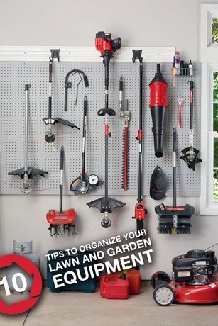 10 Tips to Organize Your Lawn and Garden Equipment from Troy-Bilt Organize Lawn Equipment In Garage, Garage Lawn Equipment Storage, Garage Organization For Lawn Equipment, Lawncare Equipment Storage, How To Organize Lawn Equipment, Garage Organization Lawn Equipment, Garage Organization Ideas Lawn Equipment, Yard Equipment Storage, Stihl Tools Storage