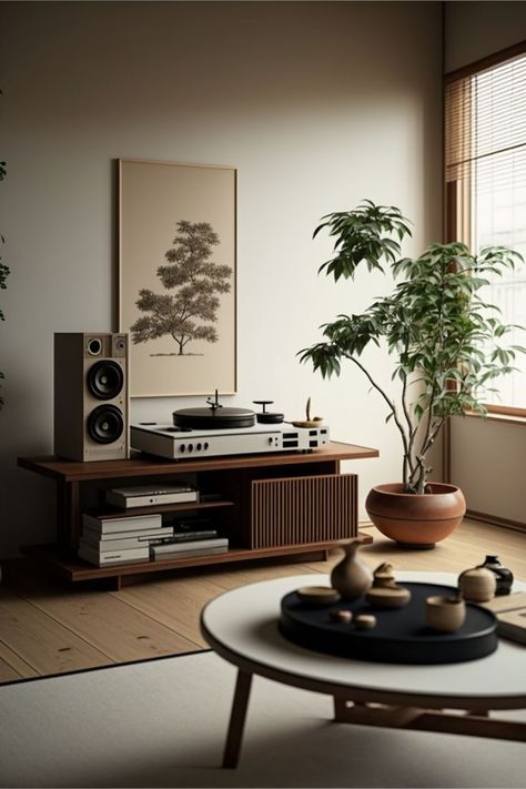 Nyc Apartment Plants, Japandi Mid Century Living Room, Japandi Living Room Black, Japandi Indoor Plants, Industrial Japandi Interior Design, Mid Japandi, Japandi Industrial, Industrial Japandi, Japandi Mid Century Modern