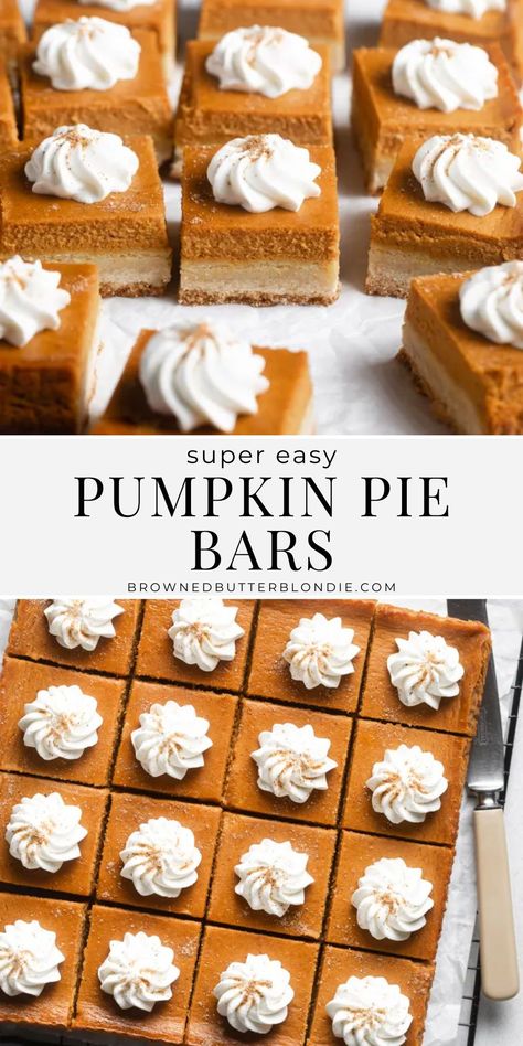 These pumpkin pie bars taste just like pumpkin pie but are so much easier to make. Made with simple shortbread crust and a creamy pumpkin filling, these homemade pumpkin bars are the perfect recipe for feeding a crowd! | Browned Butter Blondie Pumpkin Pie Bars With Cream Cheese Frosting, Half Baked Harvest Pumpkin Pie, Amish Pumpkin Bars, Pampered Chef Pumpkin Bars, Pumpkin Pie Bars Healthy, Pumpkin Haupia Squares, Pumpkin Dessert Bars Recipes, Pumpkin Bar Recipes Best, Pumpkin Pie Blondies