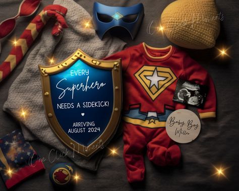 Superhero Pregnancy Announcement, Daddy's Sidekick Digital Announcement, Superhero Baby Brother Reveal, Its a Little Boy, Editable Instagram Boy Announcement, It's A Boy Announcement, Pregnancy Announcement Template, Digital Announcement, Superhero Theme, Baby Brother, Suit Up, Comic Book Heroes, Color Card